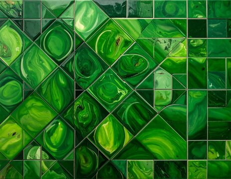 Intricate green mosaic pattern composed of various shapes and shades, creating a dynamic and captivating design.