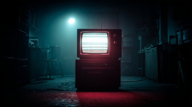 Vintage television with static in moody room under blue light