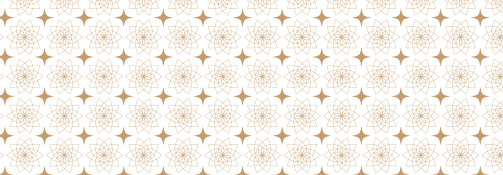 Abstract geometric seamless pattern in Arabesque style. Vector ornamental lines texture, elegant floral lattice, mesh. Traditional luxury background. Elegant gold and white ornament, repeat design