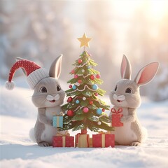 Christmas rabbit with gift