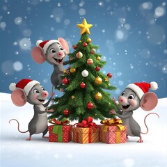 Christmas mouse with christmas tree and decoration cartoon 