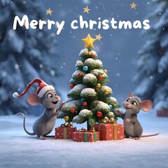 Christmas mouse with christmas tree and decoration cartoon 