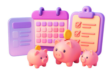 Three piggy banks with checklist, calendar, and financial icons in pastel cartoon style, isolated on white background. Concept of savings planning. Ai generative