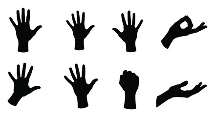 Collection of black silhouette hands in various expressive gestures and poses