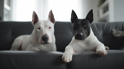 Two bull terriers relaxing on a sofa in a sunlit room