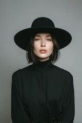 A woman with a stylish black hat mockup and a black shirt, posing against a gray background, showcasing a modern and minimalist fashion aesthetic