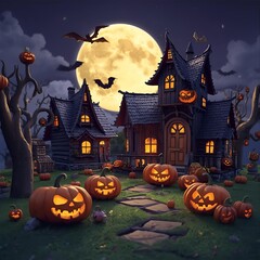 Halloween house  background with pumpkin