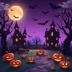 Halloween house churches with pumpkins background 