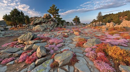 Vibrant mountain landscape with blooming wildflowers and rocky terrain at sunrise