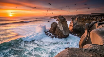 Stunning sunset over a tranquil beach with calm waves and rocky shore