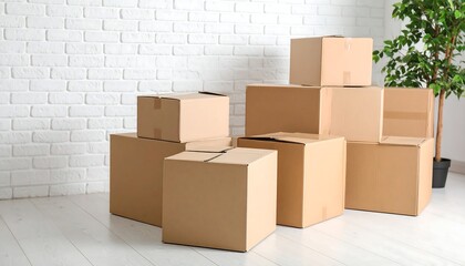 Cardboard boxes stacked in room