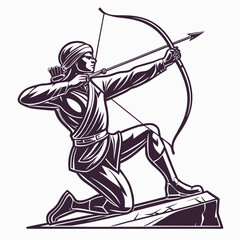 Vector art of an archer in a turban kneels on a rock, drawing back his bow with determination, the arrow is aimed, ready to be released with precision and force