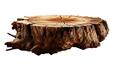 Close up of a weathered tree stump with visible rings and texture against a black background