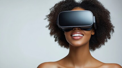 Smiling african female young adult experiencing virtual reality with vr headset