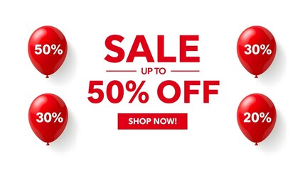 Sale up to 50% off banner with red balloons and shop now button, clean white background, bold red typography for retail discounts, clearance promotion and ecommerce seasonal sale advertising