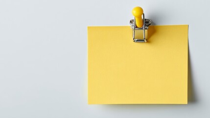 Yellow sticky note with clip on white background