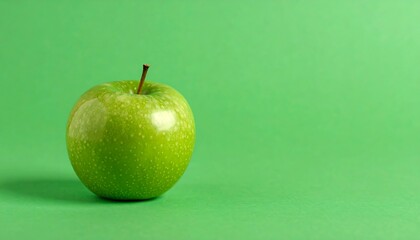 Single green apple on solid green background
