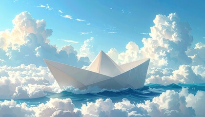 Obraz premium A paper boat glides across a sea of clouds, bathed in serene sunlight.