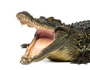 Close-up view of a large crocodile with its mouth wide open against a plain white backdrop, showcasing its sharp teeth and pink tongue.