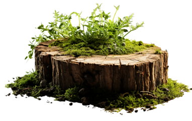 Green moss and plants growing on a weathered tree stump against a dark background