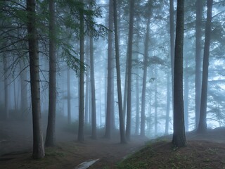 Obraz premium Tall pine trees in a dense forest shrouded in thick blue fog creating a mysterious atmosphere mist