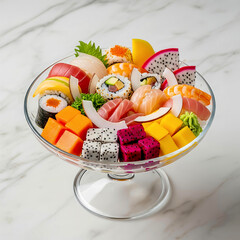 Vibrant sushi and fruit platter in a glass bowl