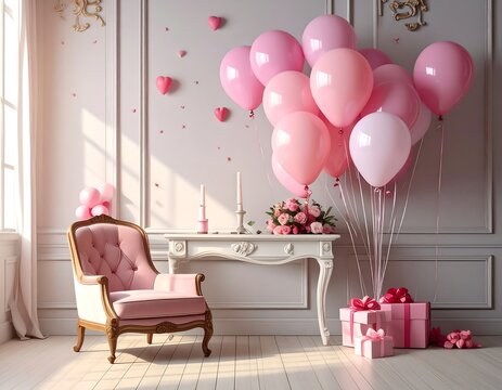 Elegant pink party room with balloons and gifts