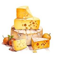 チーズの積み重ねた水彩イラスト 白色の背景に