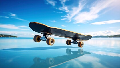Skateboard floating over water