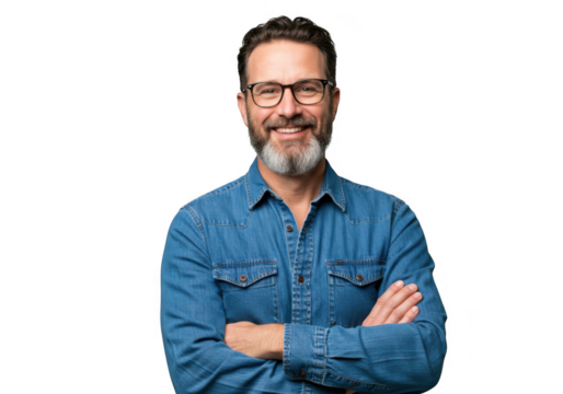 Smiling middle-aged man in denim shirt with arms crossed and glasses confident portrait transparent background