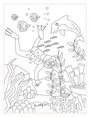 Scuba Diver with a Manta Ray Coloring Page: Underwater Exploration Art