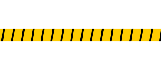 Yellow and black diagonal striped caution tape line for warning sign, hazard marking, safety barrier, and construction zone design on transparent background