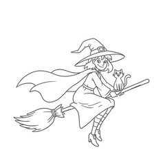 Fototapeta premium Witch Flying on Broomstick – Classic Magical Halloween Cartoon Illustration for Party Decorations