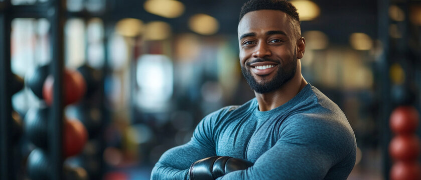 A smiling athlete in the gym, ready to train, conveys motivation and a healthy lifestyle.