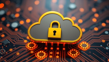 A golden padlock on a cloud symbol over a glowing circuit board representing cloud security and data protection.