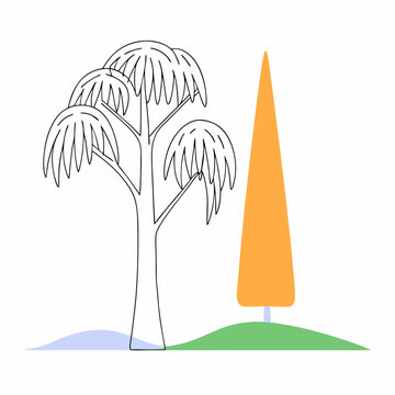 Vector art of stylized palmlike tree and orange conical tree on green ground