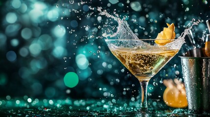 Glasses filled with sparkling drinks and splashes, bright glare, and a festive atmosphere—for advertising alcohol and holiday events.