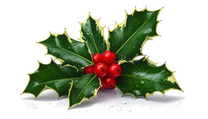 A close-up display of variegated holly leaves with vibrant red berries, showcasing glistening water droplets, set against a stark white background.