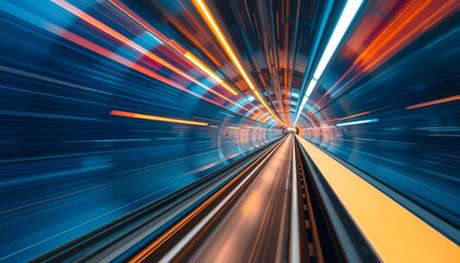 Dynamic light trails blur through a futuristic tunnel, conveying a sense of high-speed motion and technological advancement.