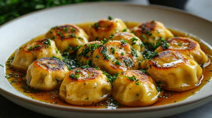 Dumplings served on a plate with rich sauce and finely chopped herbs during a cozy indoor dining experience