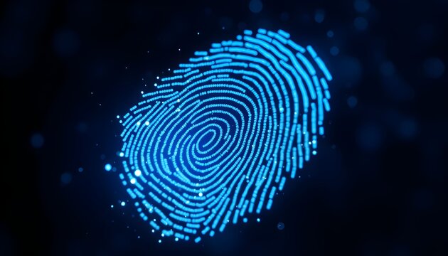 A glowing blue digital fingerprint, representing biometric security and identity verification in a technological context.