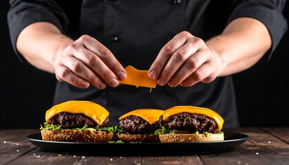 Chef placing cheese on burgers