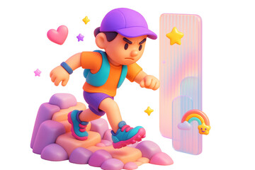 Cartoon boy jumping on pastel rocks with stars, hearts, and rainbow in playful style on white background, concept of sport and determination. Ai generative
