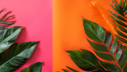 Obraz premium Vibrant Tropical Leaves Against A Vivid Orange And Pink Background Create A Lively And Exotic Mood