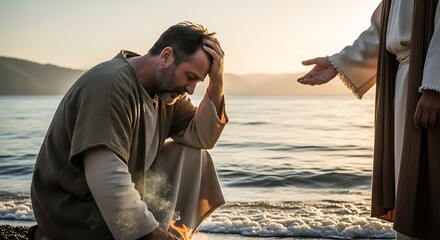 Man Kneeling Reaching Hand Ocean