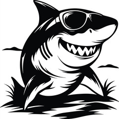 A cheerful monochrome shark wears sunglasses and smiles broadly amongst dark seaweed patches in the ocean
