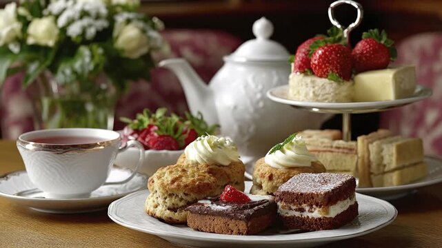 High tea setup tea cup pot tiered tray with strawberries  cakes scones with cream pastries  flower arrangement