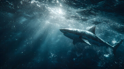 Fototapeta premium Great White Shark Swimming Underwater in Sunlit Ocean
