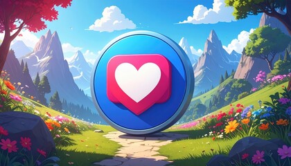 A vibrant landscape setting showcases a 3D social media like icon, complete with a heart, in a sunny, peaceful scene.