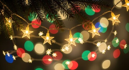 Glowing Star Shaped Christmas Lights Decorating a Tree Branch with Festive Bokeh Background